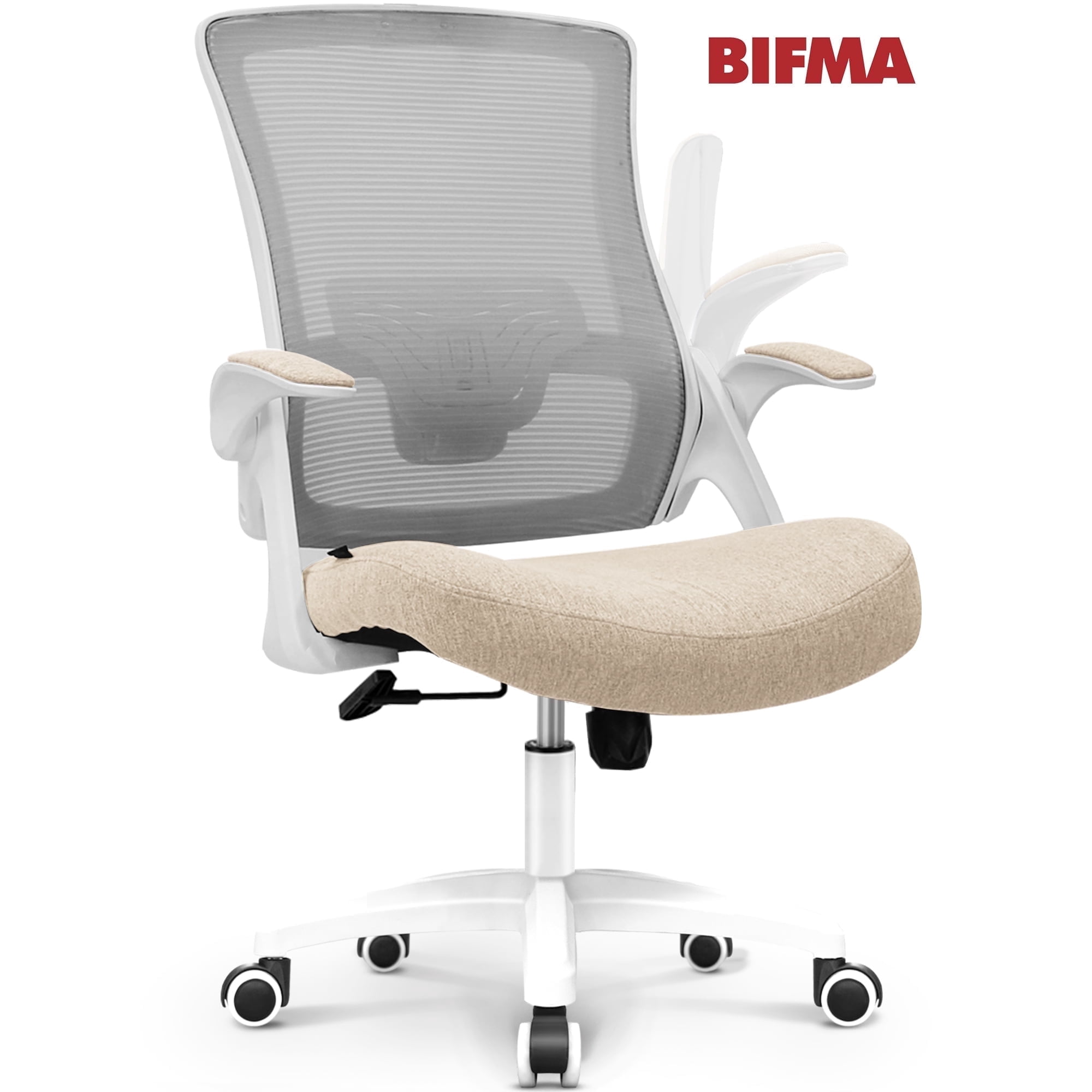CELTOSS Ergonomic Office Chair, Wide Seat with Flip-Up Armrests, Lumbar Support, Adjustable Height, Comfy Home Task Computer Chair, Beige