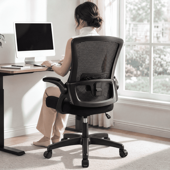 CELTOSS Ergonomic Office Chair, Wide Seat with Flip-Up Armrests, Lumbar Support, Adjustable Height, Comfy Home Task Computer Chair, Black