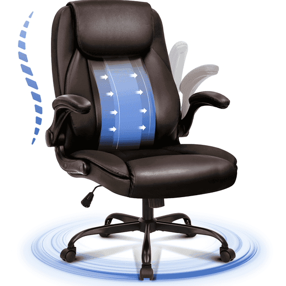 CELTOSS Executive Office Chair, Big and Tall Ergonomic PU Leather Desk Chair, Wide Design with Cushioned Seat, Back Support and Flip-Up Armrests, Heavy Duty, Brown