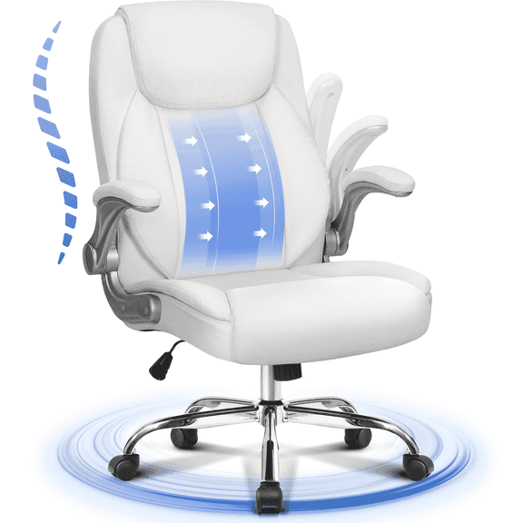 CELTOSS Executive Office Chair with Ergonomic White Leather Back Support and Flip-Up Armrests, Heavy Duty Cushioned Desk Chair, White