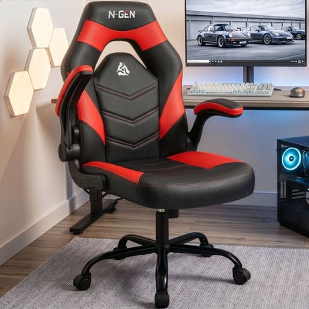 CELTOSS Red Gaming Chair, Flip-up Armrest Computer Chair Ergonomic Office Chair PU Leather Desk Chair Executive Adjustable Swivel Task Chair