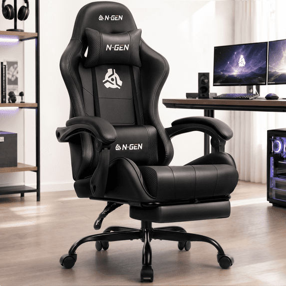 CELTOSS Black Office Gaming Chair with Footrest & Lumbar Support, Ergonomic Adjustable Computer Chair with Swivel Seat & Headrest