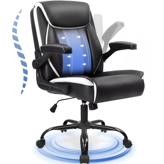 CELTOSS Big and Tall PU Leather Ergonomic Executive Office Chair, Mid-Back Computer Desk Chair with Wide Seat, Padded Flip-Up Armrests, Heavy Duty, Black