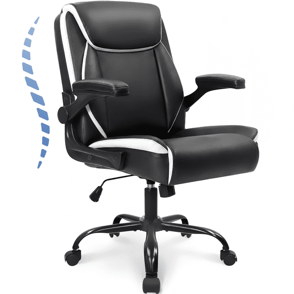 CELTOSS Leather Office Chair, Ergonomic Executive Chair with Padded Flip-Up Armrests, Mid-Back PU Computer Desk Chair, Black