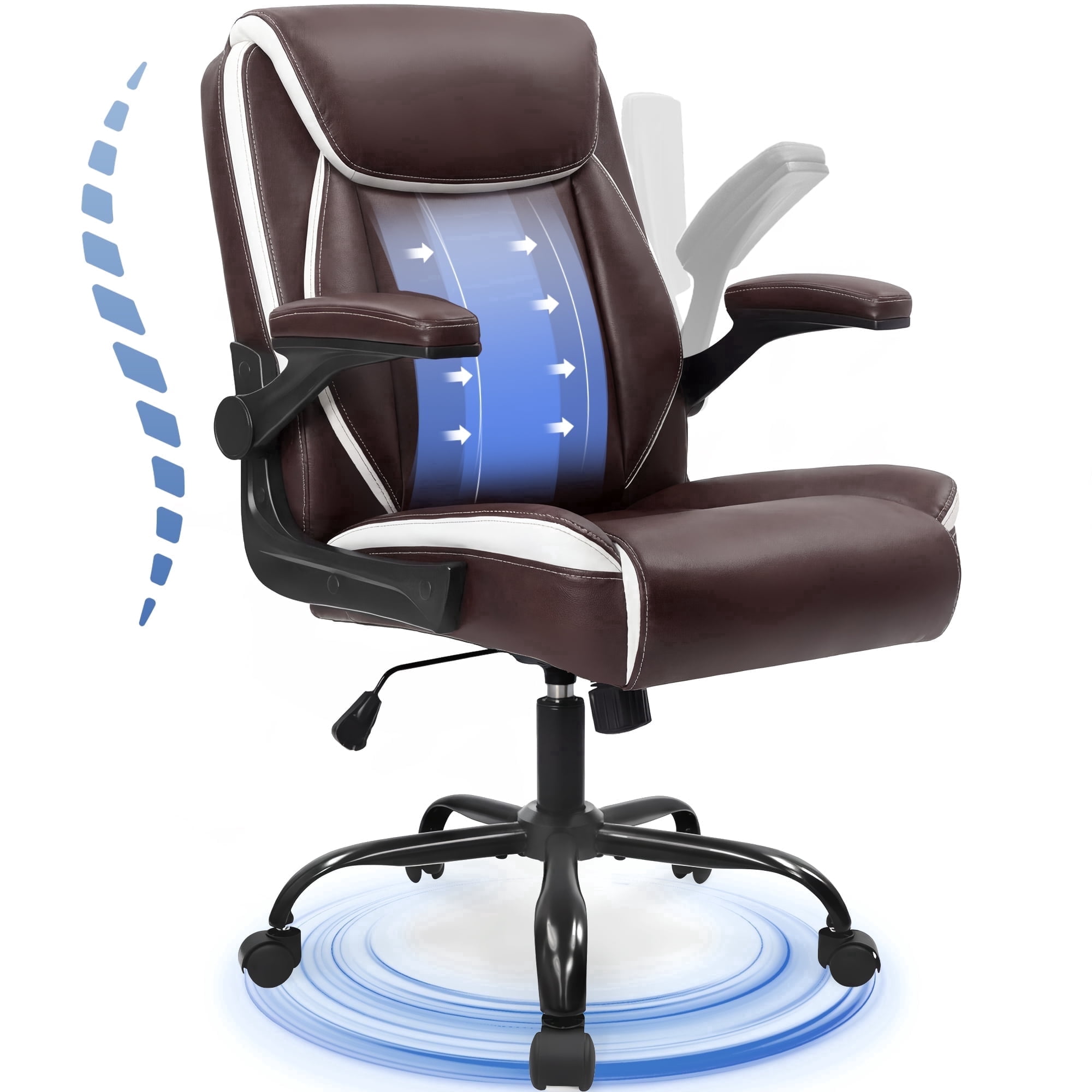 CELTOSS Leather Office Chair, Ergonomic Executive Chair with Padded Flip-Up Armrests, Mid-Back PU Computer Desk Chair, Brown