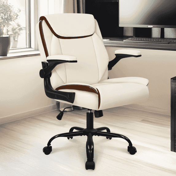 CELTOSS Executive Office Chair, Big and Tall Ergonomic PU Leather Mid-Back Computer Desk Chair with Wide Seat, Padded Flip-Up Armrests, Heavy Duty, Ivory