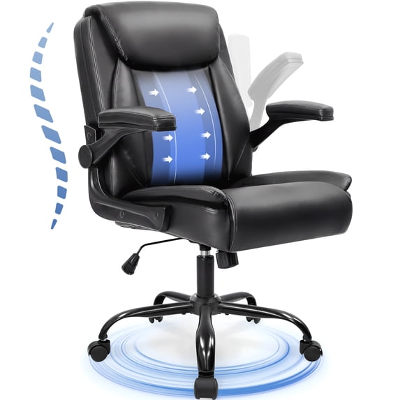 CELTOSS Leather Office Chair, Ergonomic Executive Chair with Padded Flip-Up Armrests, Mid-Back PU Computer Desk Chair, Jet Black