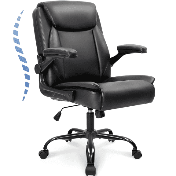 CELTOSS Leather Office Chair, Ergonomic Executive Chair with Padded Flip-Up Armrests, Mid-Back PU Computer Desk Chair, Jet Black