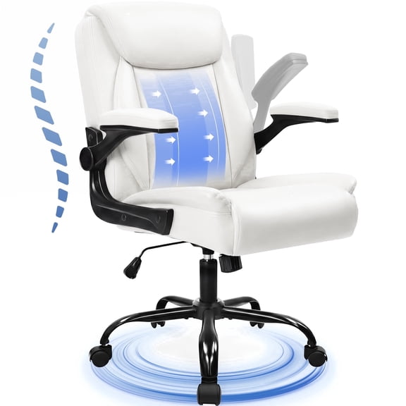 CELTOSS Big and Tall PU Leather Ergonomic Executive Office Chair, Mid-Back Computer Desk Chair with Wide Seat, Padded Flip-Up Armrests, Heavy Duty, White