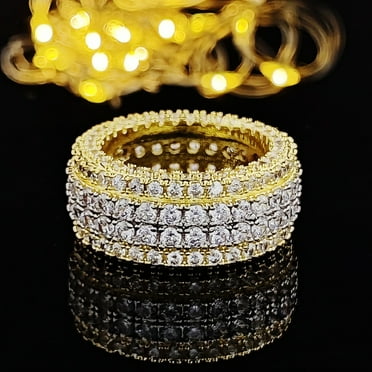 Celvieroot 18k Yellow Gold Plated Wide Band Cubic Zirconia Eternity Wedding Band Ring 4 Row All-Around Band Ring Cocktail Jewelry for Women