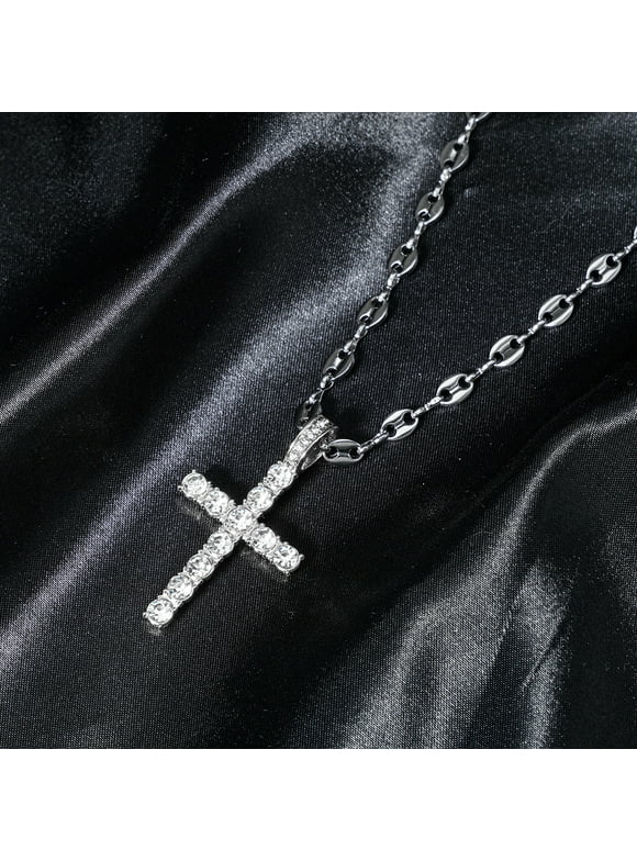 Cross Necklace for Men Gold Necklace for Women Gold Heart Cross Jewelry 14K Silver Plated Solid Iced Cubic Zirconia Stainless Steel Pendant Chain