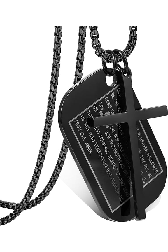 Stainless Steel Dog Tags Cross Necklaces for Men Prayer Cross Necklace Military Rolo Chain 3mm 24 Inch