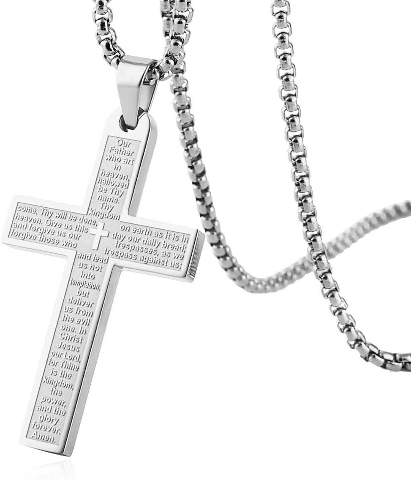 Celvieroot Stainless Steel Mens Womens Cross Necklace Lord's Prayer Pendant, 4 Colors Available