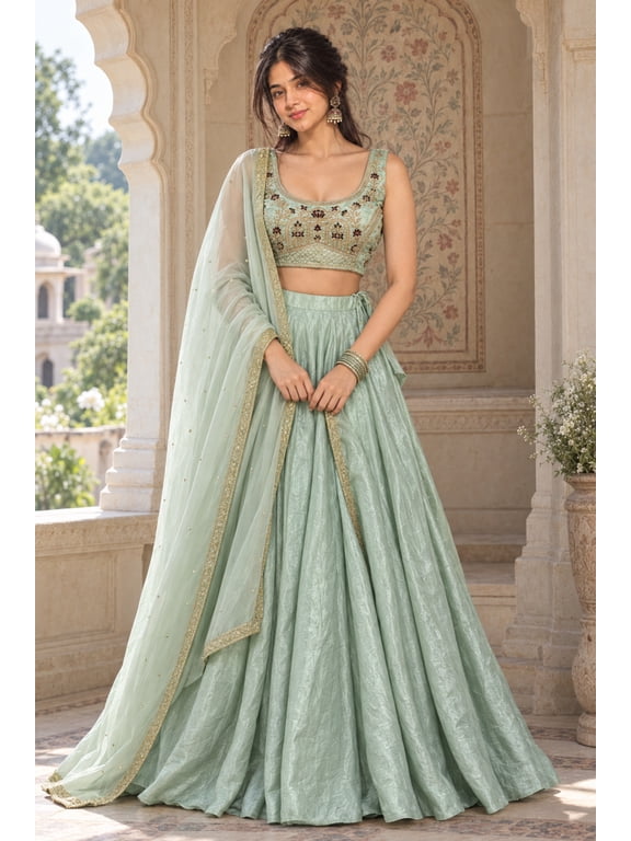 Celvora Handmade Women's Mint Green Embroidered Lehenga Choli Set with Net Dupatta | Unstitched Blouse | Festive & Wedding Wear