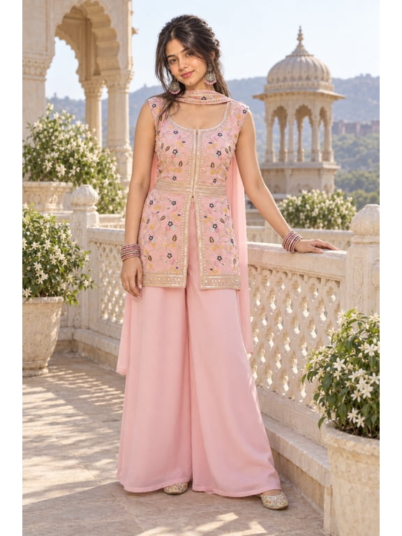 Celvora Women's Embroidered Kurti Palazzo Dupatta Set, Peach Star Georgette Ethnic Wear, Size L