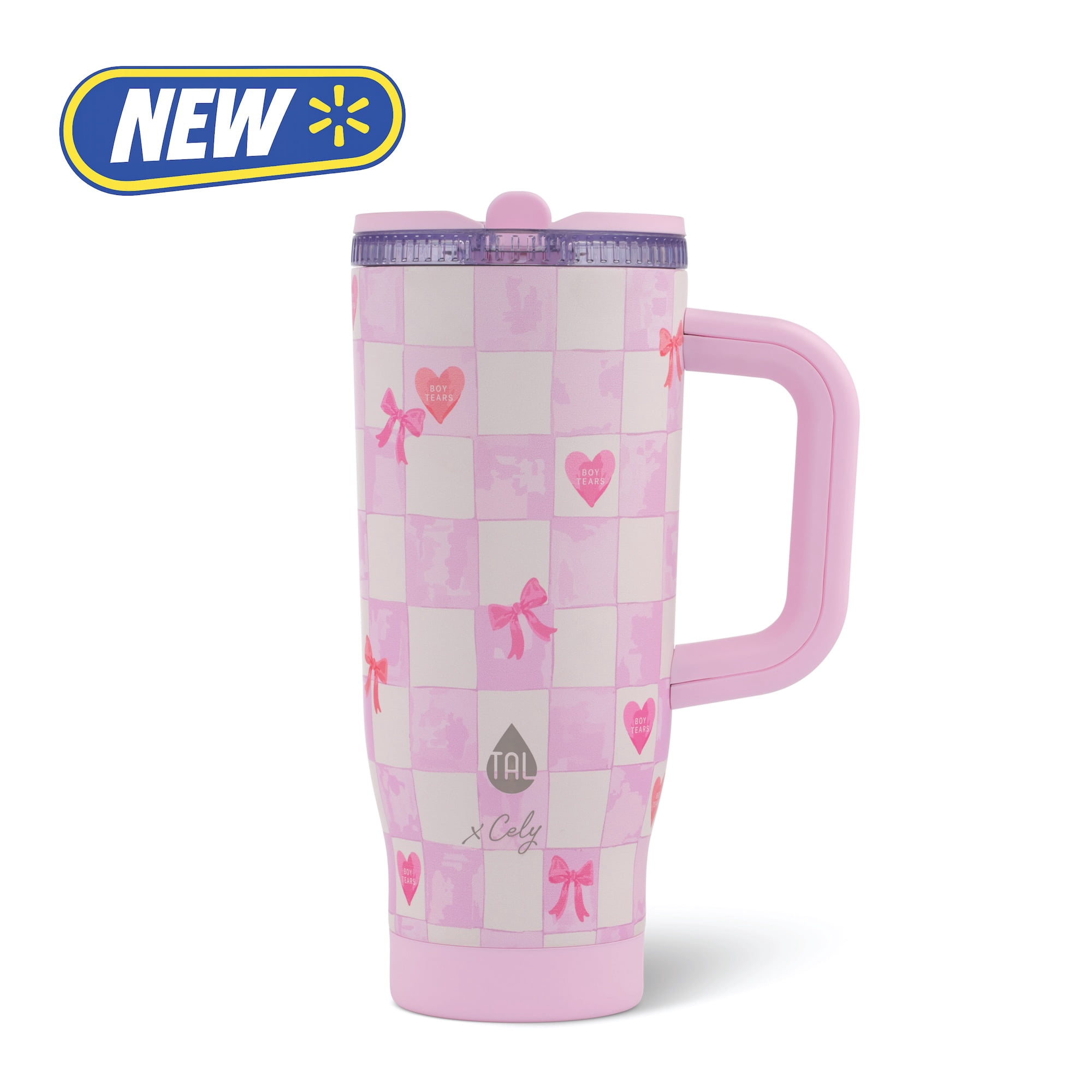 Cely x TAL 32oz Stainless Steel Skye Tumbler with Handle and Fip-up Straw, Pink Checkered