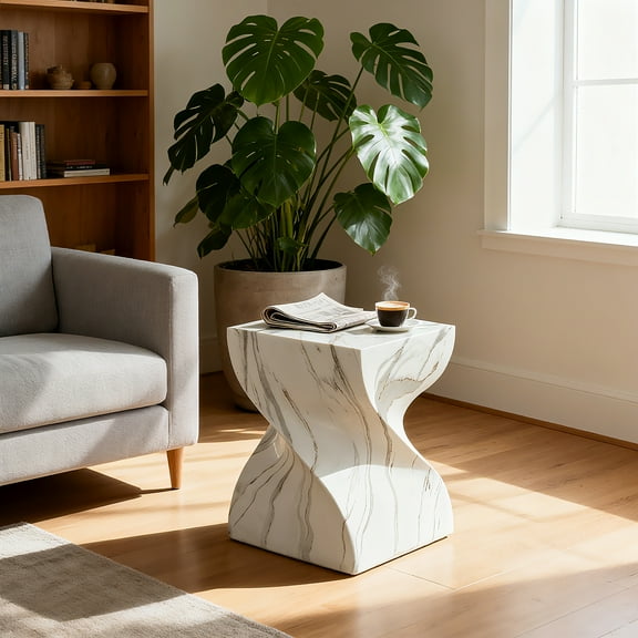 Cement Outdoor End Table for Patio Balcony, Faux Terrazzo Accent Table Garden Stool, Weather Resistant Small Round Side Table Tree Stump Drum Table Indoor Outdoor