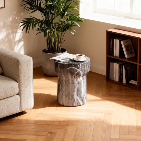 Cement Outdoor End Table for Patio Garden Accent Table Faux Terrazzo Modern Small Round Side Table for Outside Tree Stump Garden Stool Drum Table Indoor and Outdoor Use