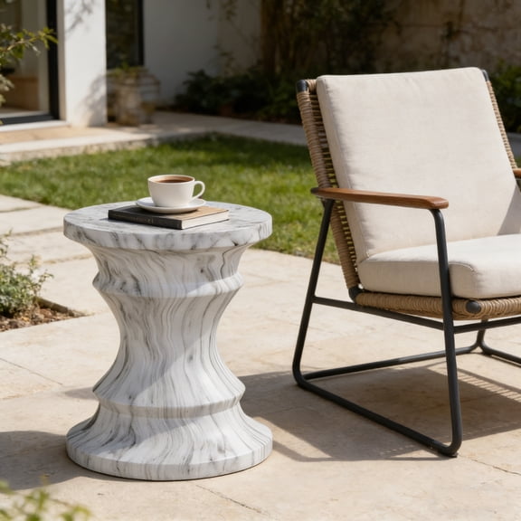 Cement Outdoor End Tables for Patio, GardenAccent Table Faux Terrazzo Accent Table, Modern Small Round Side Tablefor Outside, Tree Stump Garden Stool DrumTable indoor and Outdoor