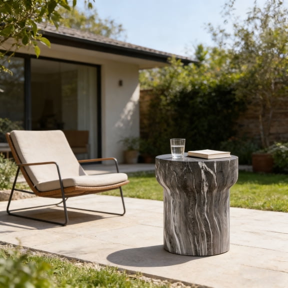 Cement Outdoor End Tables for Patio, GardenAccent Table Faux Terrazzo Accent Table, Modern Small Round Side Tablefor Outside, Tree Stump Garden Stool DrumTable indoor and Outdoor