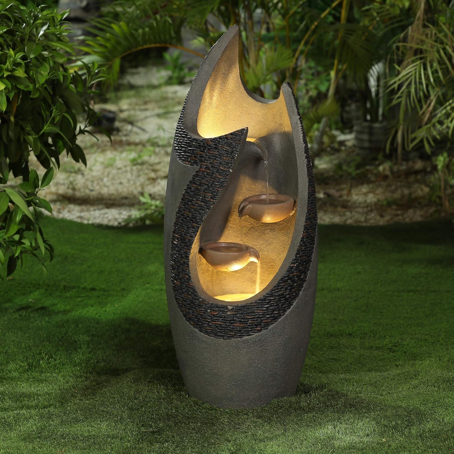 Cement Outdoor Fountain, 4 Tiered Modern Patio Fountain With LED Lights, Garden Decorative