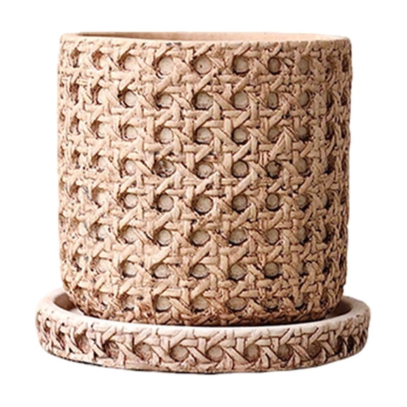 Cement Planters With Saucer Rattan Woven Patterns Stones Pot With Drainage Hole 5.1x4.7x4.3 Inches 2.86 lb