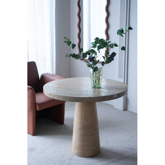 Cement Round Dining Table with Pedestal Base, Mid Century Coffee Table for Kitchen Dining Room Living Room, 36x36x30", Cream