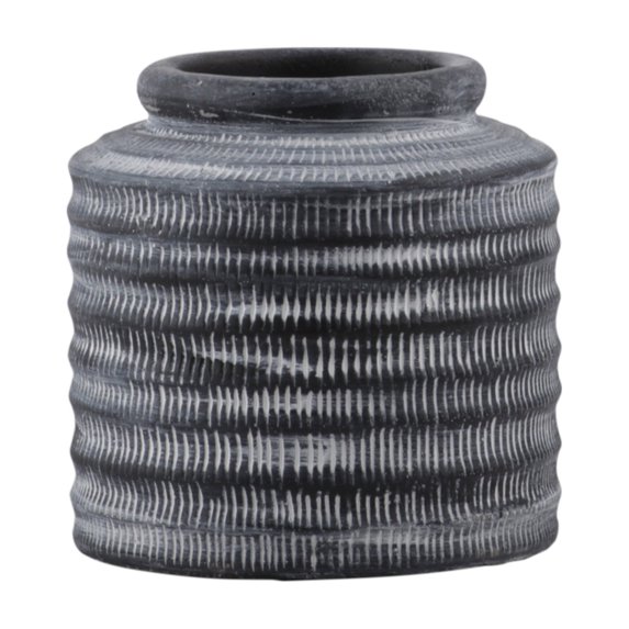 Cement Round Pot with Banded Rim Mouth and Rustic Pattern Design Body MD Washed Finish Dark Gray