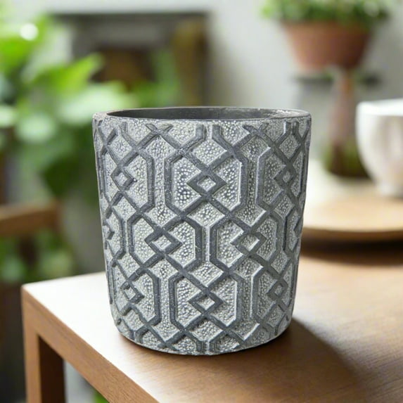Cement Round Pot with Embossed Interlocking Shapes and Freckled Holes Design Body LG Washed Finish Dark Gray