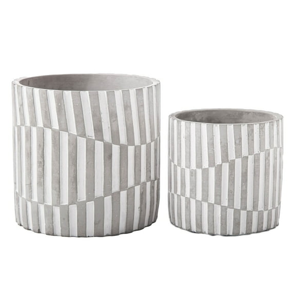 Cement Round Pot with Engrave Geometric Column Pattern Design Body Set of Two Washed Concrete Finish - Gray