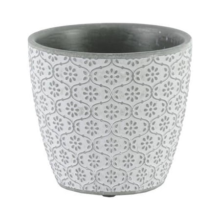 Cement Round Pot with Floral Body & Tapered Bottom - Gray
