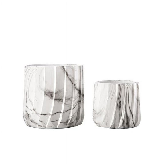 Cement Round Pot with Layered Column Pattern & Seamless Overlay Design Body, White - Set of 2