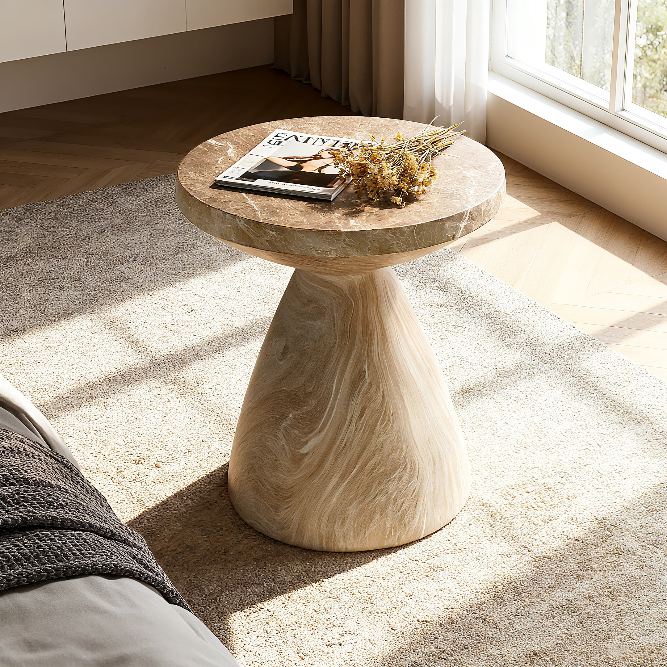 Cement Side Table, Faux Terrazzo Modern Round Accent End Table for Patio Garden Outdoor Home Decor, Marble