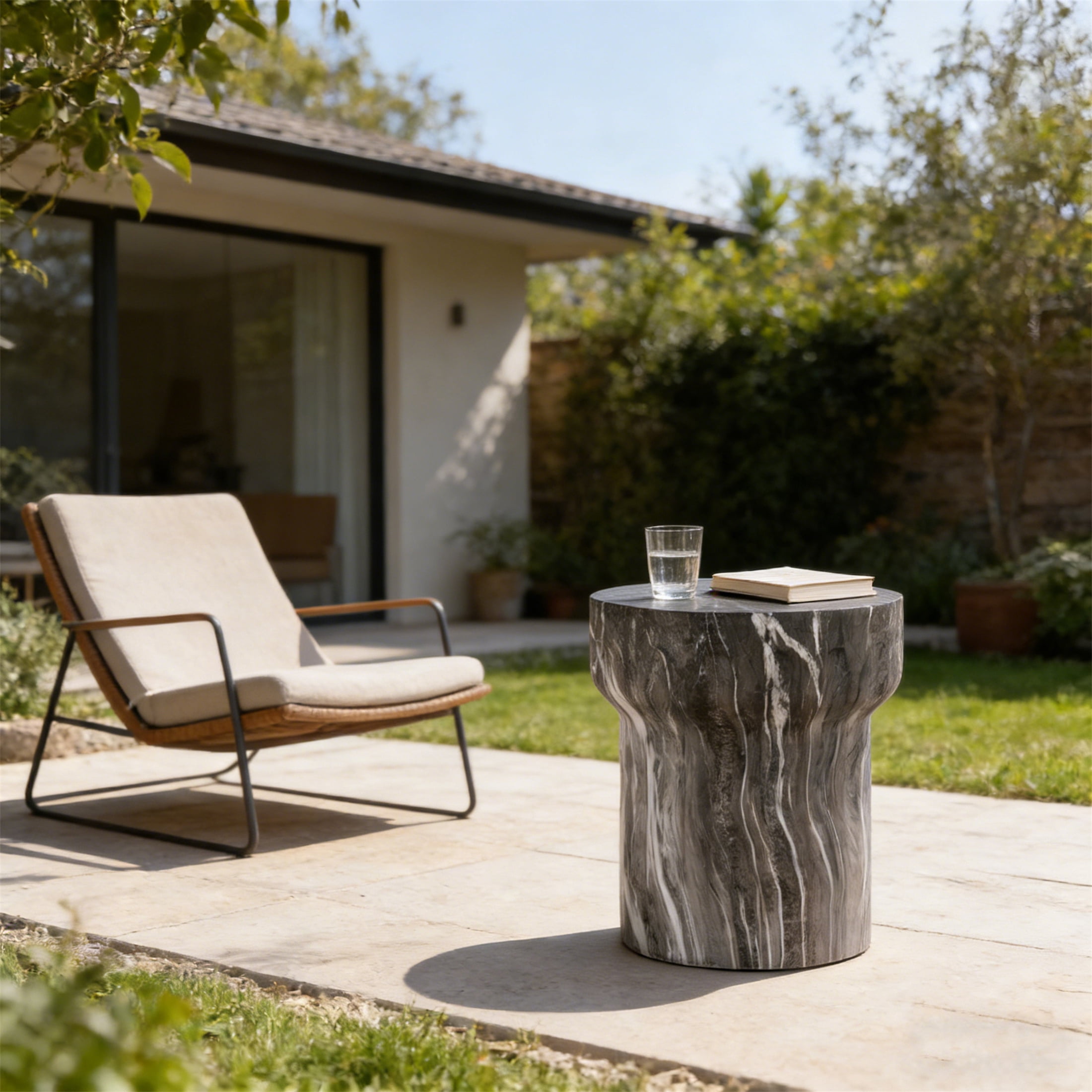Cement Side Table, Faux Terrazzo Modern Round Accent End Table for Patio Garden Outdoor Home Decor, Marble