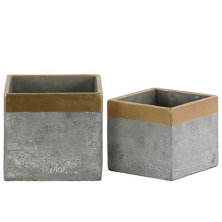 Cement Square Flower Pot with Gold Painted Banded Rim Top, Gray - Set of 2