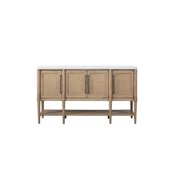 Cement Topped Server with Cane Insets and Storage - Suitable for Dining Area, Offering Convenient Side and Center Storage