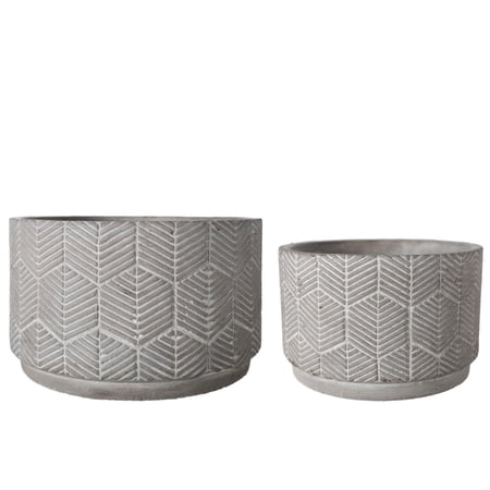 Cement Wide Round Pot with Molded Optical Illusion Pattern Design Body and Tapered Bottom Set of Two Washed Finish -