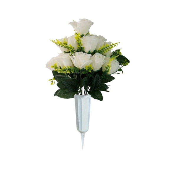 Cemetery Artificial Flowers, Ongmies 12-Head Rose Bouquet with Bucket Set – Artificial Flowers for Cemetery Decoration, 1 Bunch of Artificial Flowers with Bucket
