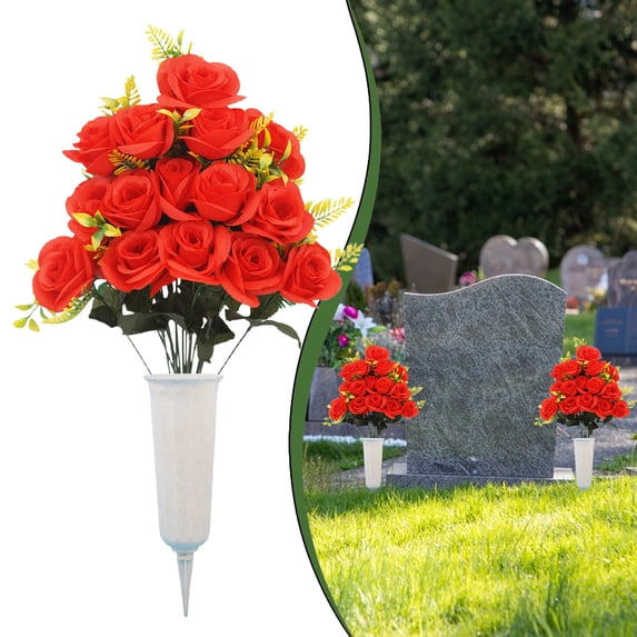 Cemetery Artificial Rose Bouquet with Vase Stake, 19.69in Plastic Memorial Flowers for Grave Decor