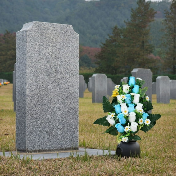 Cemetery Decoration Flowers Light Blue + White, Artificial Cemetery Flowers for – Realistic Rose Memorial Flowers with Vase for Decorations (16 Cemetery Flowers*1 Bunch)