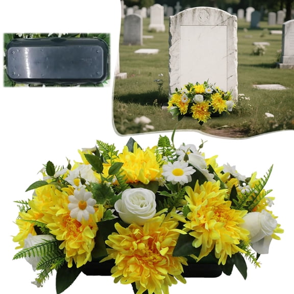 Cemetery Decorations for Grave, Red White and Blue Artificial Flowers Memorial Artificial Flower Spray Outdoor Decor with Mixed Rose Chrysanthemum & Wildflower Design Rainproof Tribute Bouquet
