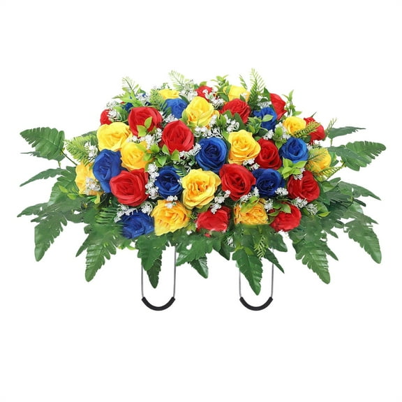Cemetery Flower Saddle, Cloth Artificial Memorial Roses, Artificial Cemetery Flower Saddle with 36 Roses for Grave Memorial Outdoor Decor All Weather