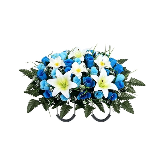 Cemetery Flower Saddle Grave Flowers for Cemetery, Artificial Rose Lily & Orchid Arrangement for Headstone, All-Weather Grave Decor for Outdoor Tombstone Headstone Decorations