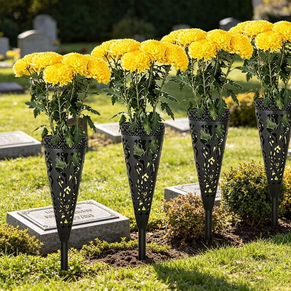 Cemetery Flower Vase With Ground Spike Decorative Grave Vase Hollow Carved Memorial Flower Holder Outdoor Cemetery Decoration Gravesite Floral Display Sympathy Garden Accent