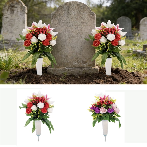 Cemetery Flowers – Artificial Rose Bouquet, Floor-Standing Grave Decoration with Vase and Ribbon, Long-Lasting Outdoor Memorial Arrangement