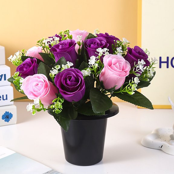 Cemetery Flowers for Grave, 12 Heads Artificial Roses Flowers with Pot, Arrangement with Vase Silk Memorial Flowers for Christmas Memorial Day Dark Purple