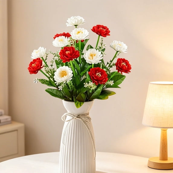 Cemetery Flowers for Grave Artificial Memorial Flowers for Gravesite 17.7" Red White Silk Peonies Fake Hydrangea Flowers Bouquet Faux Floral Arrangements for Outdoor Decor Kitchen Table Wedding