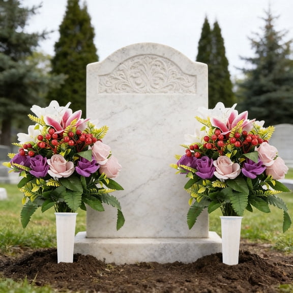 Cemetery Flowers Memorial Roses with Ribbon Grave Flowers for Cemetery Grave Decorations Memorial Floral Bouquet for Headstone Tombstone 17-Headed