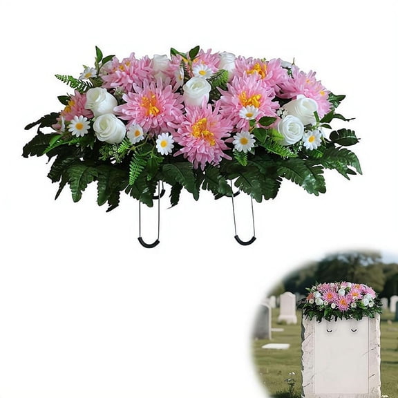 Cemetery Flowers Saddle Arrangement, Headstone Flower Saddle, Large Artificial Cemetery Flowers for Grave, Artificial Roses Saddles for Grave Headstone Decoration Sympathic