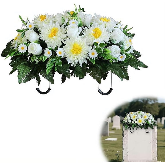 Cemetery Flowers Saddle Arrangement, Large Artificial Cemetery Flowers for Grave, Headstone Flower Saddle with Roses Daisy for Grave Decoration Sympathy